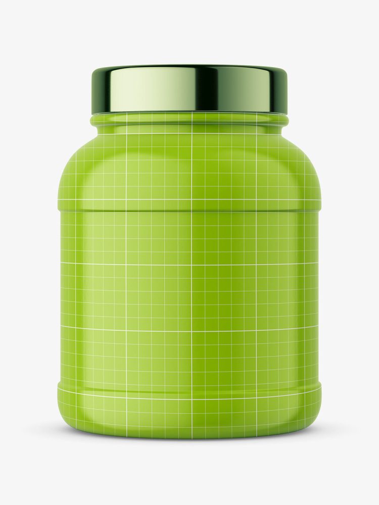 Nutrition jar with silver cap mockup - glossy