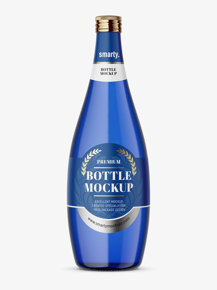 Blue glass bottle with mineral water mockup