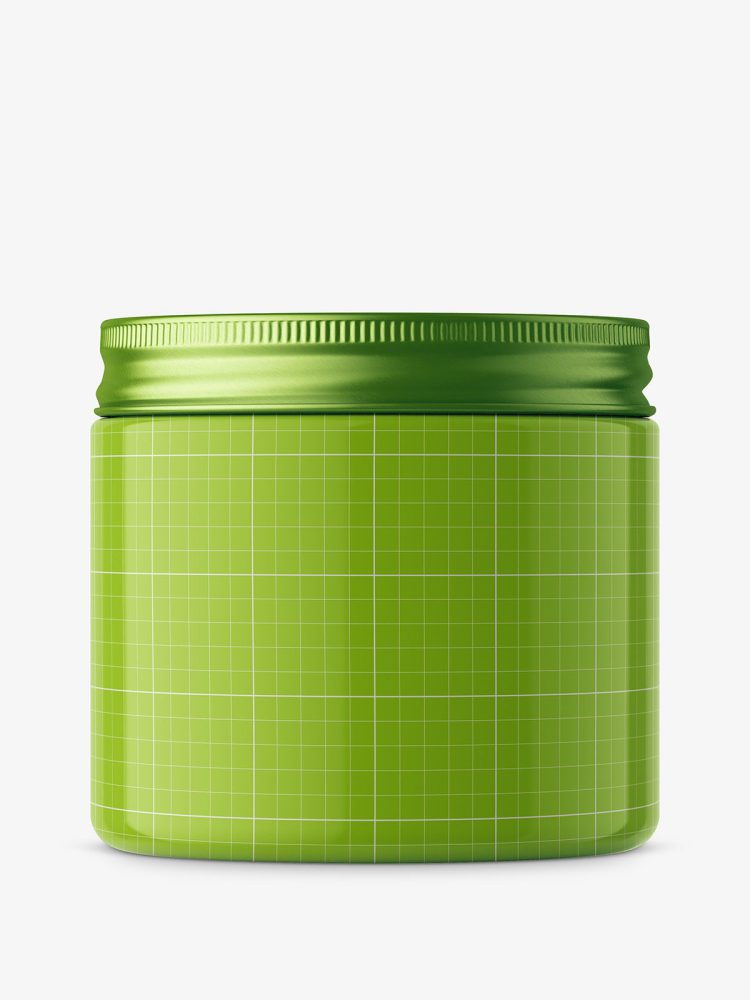 Plastic jar with silver lid mockup / glossy