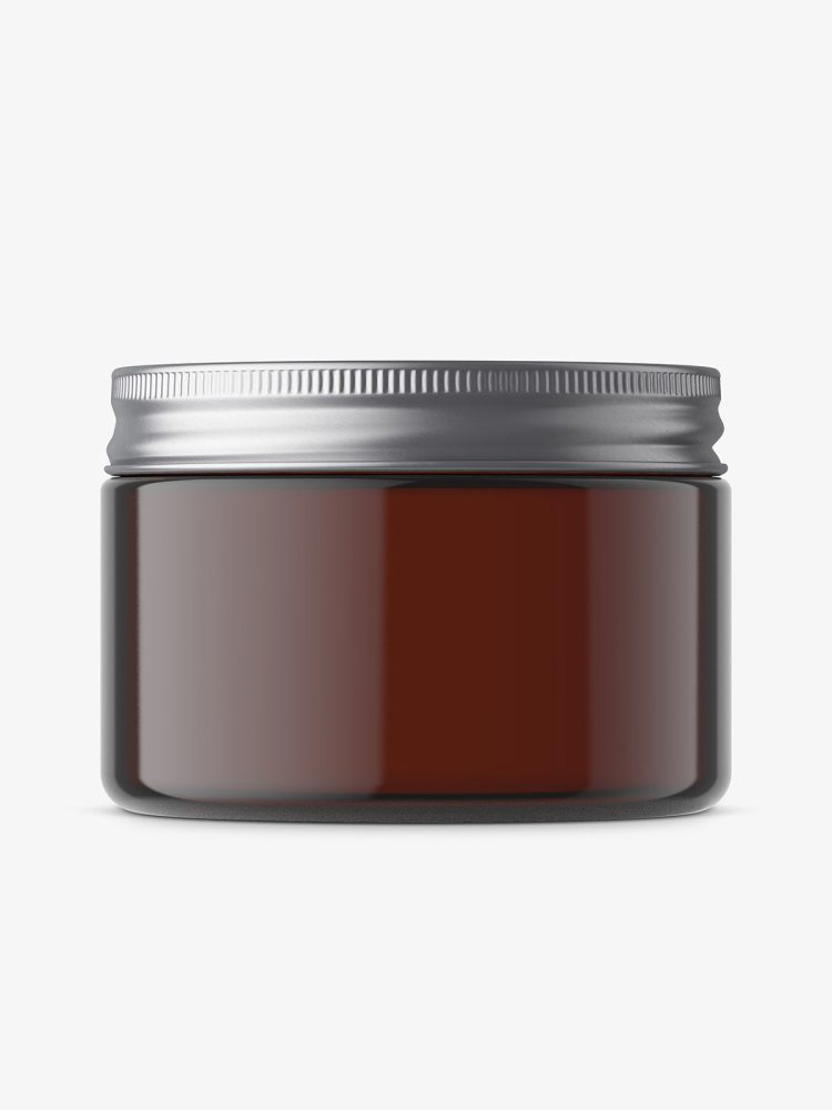 Small plastic jar with silver lid mockup / amber