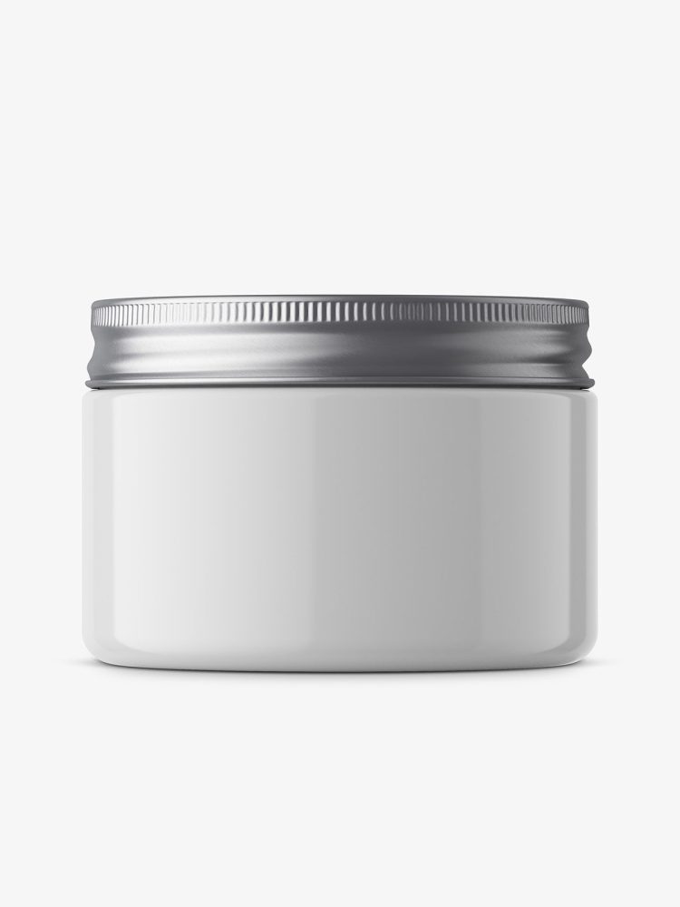 Small plastic jar with silver lid mockup / glossy