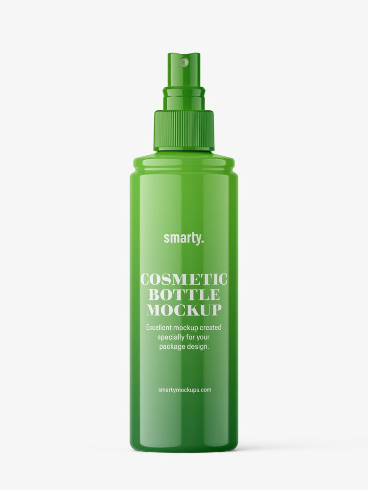 Glossy bottle with spray cap mockup