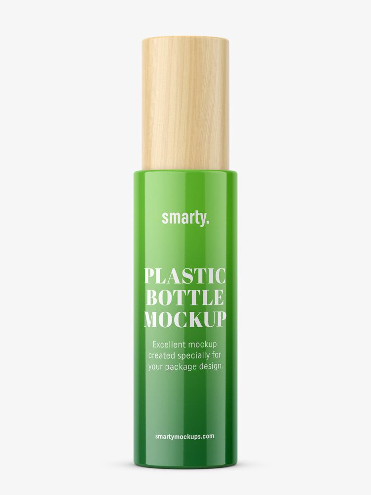 Glossy bottle with wooden cap mockup