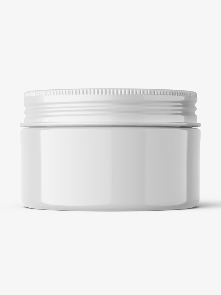 Wide plastic jar with metallic cap mockup / glossy