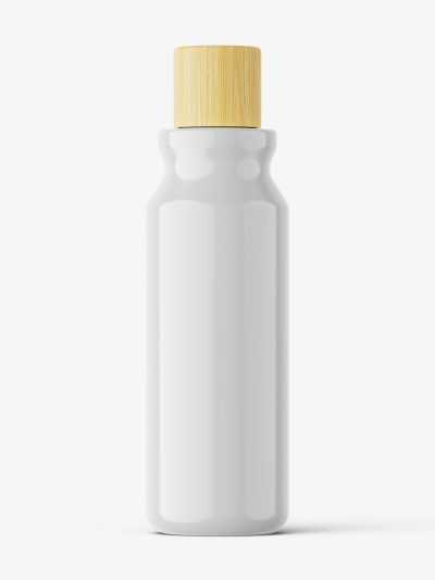 Glossy cosmetic bottle with wooden cap