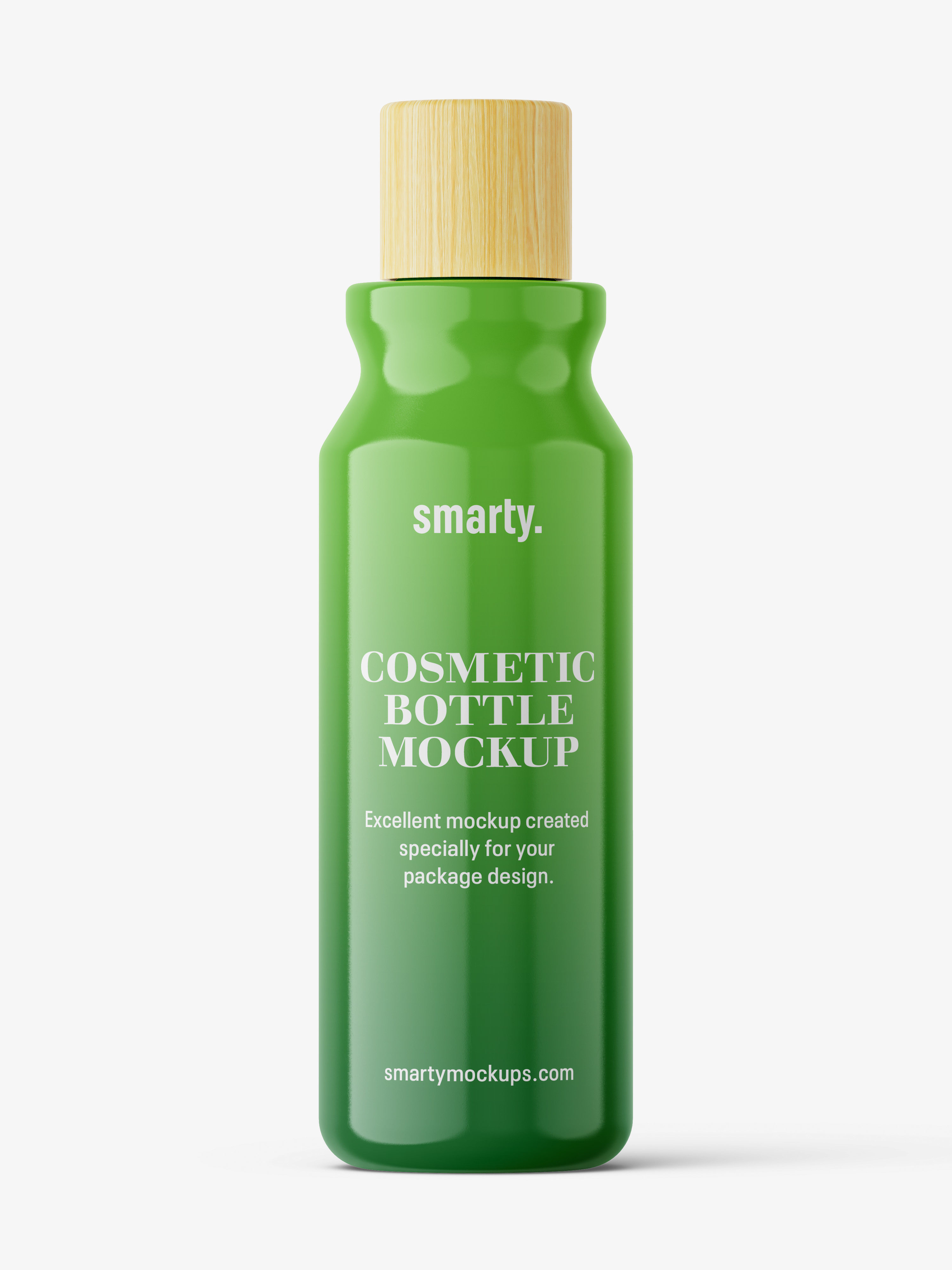 Download Glossy cosmetic bottle with wooden cap - Smarty Mockups