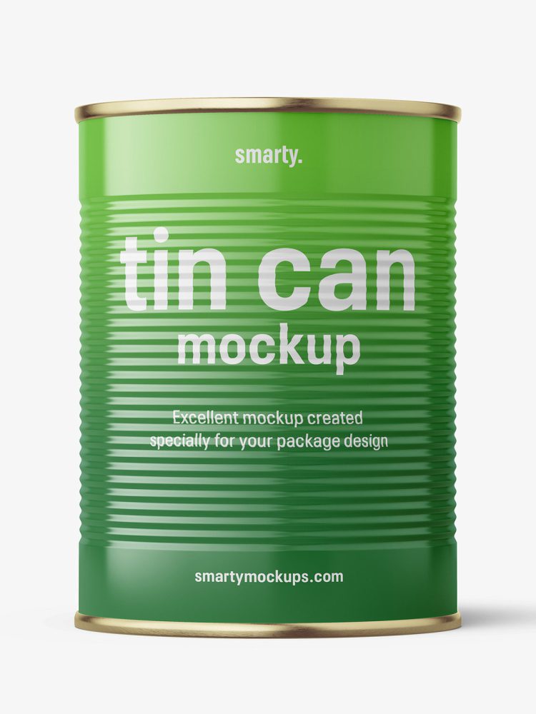 Glossy tin can with label mockup / 580 ml