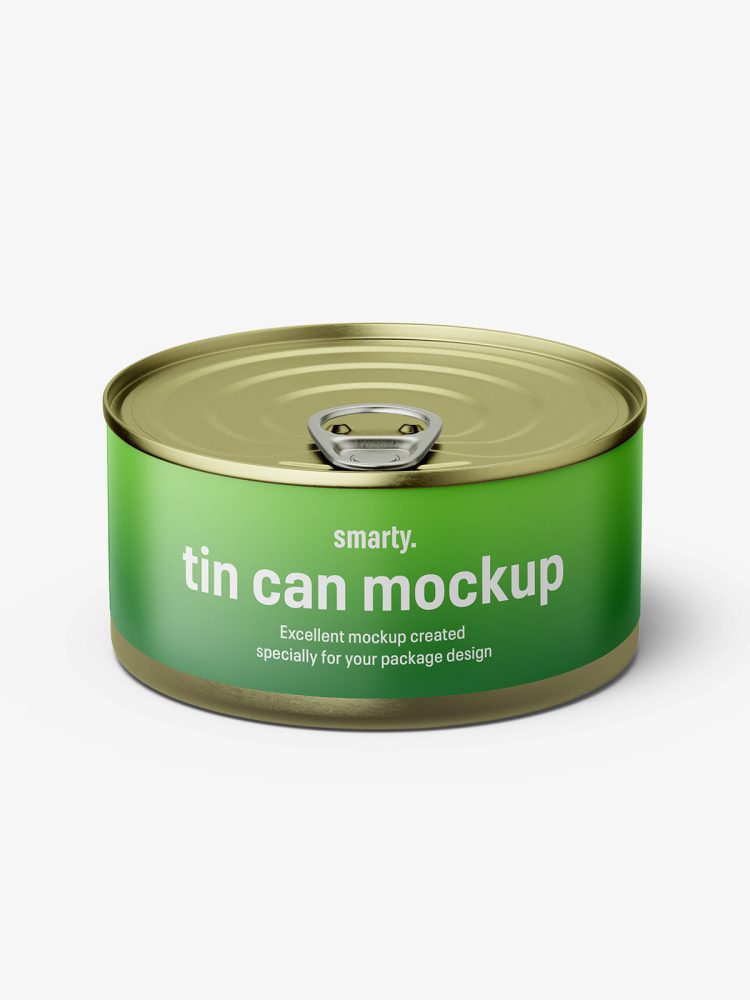 Tin can with label mockup / 185g / top view