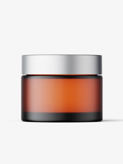 Frosted amber cosmetic jar with metallic cap mockup