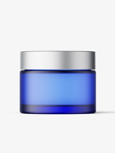 Frosted blue cosmetic jar with metallic cap mockup