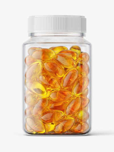 Square jar with fish oil capsules mockup