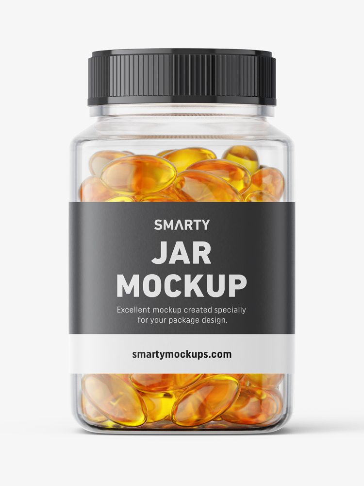 Square jar with fish oil capsules mockup