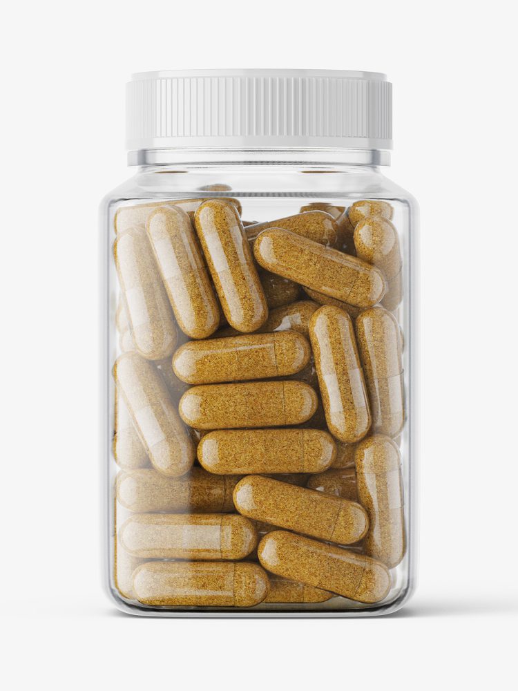 Square jar with herbal capsules mockup