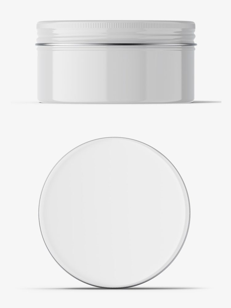 Glossy tin cream jar mockup / top and front view