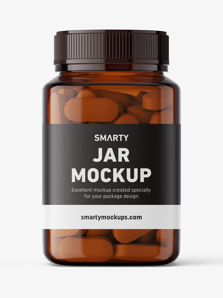Square jar with pills mockup / amber