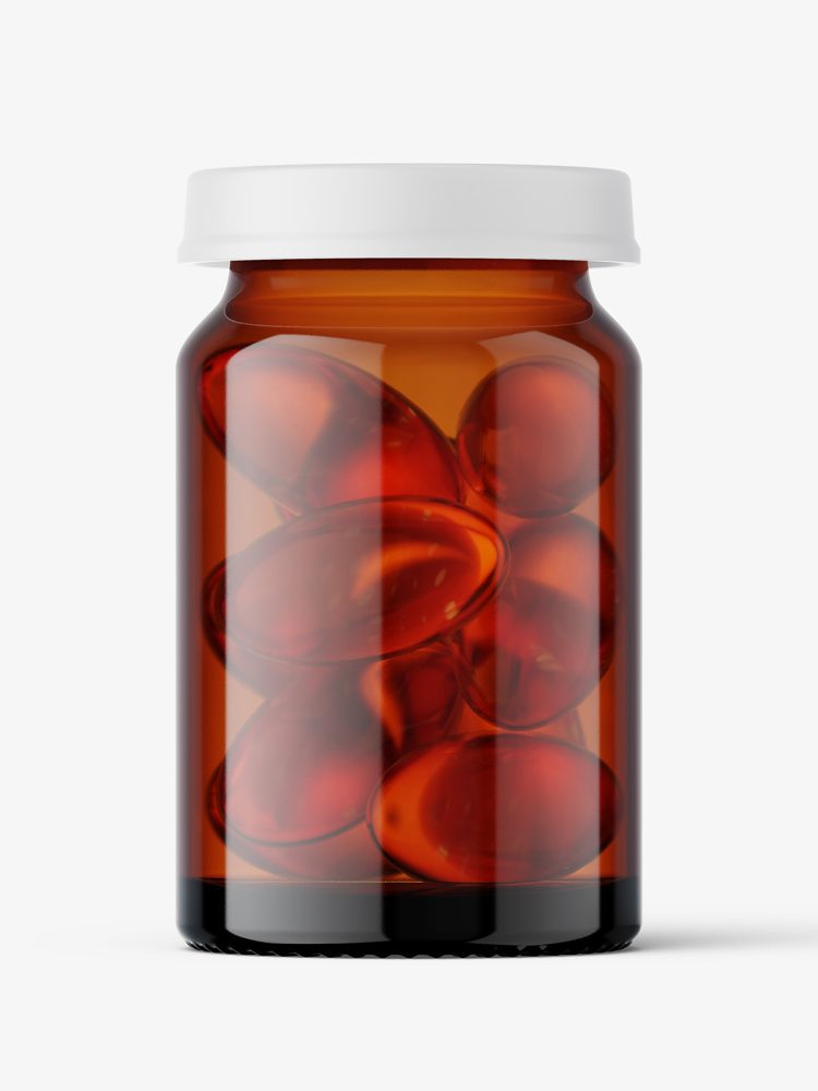 Small jar with fish oil capsules mockup / amber