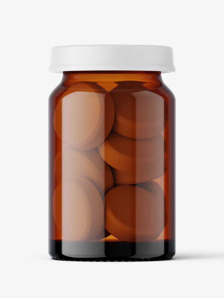 Small jar with tablets mockup / amber