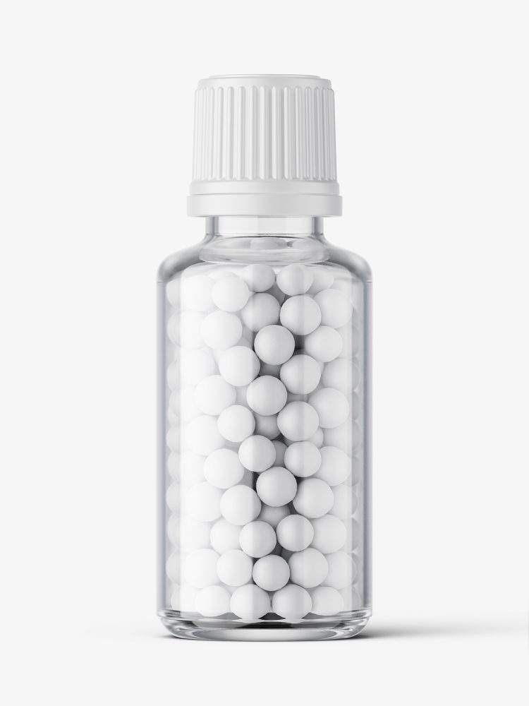Clear bottle with pills mockup / 30 ml