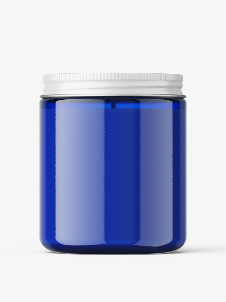 Candle in glass jar mockup / blue
