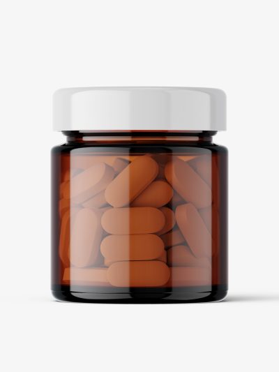 Amber glass jar with pills mockup
