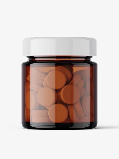 Amber glass jar with tablets mockup
