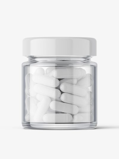 Glass jar with capsules mockup