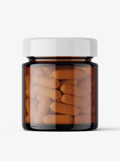 Amber glass jar with capsules mockup