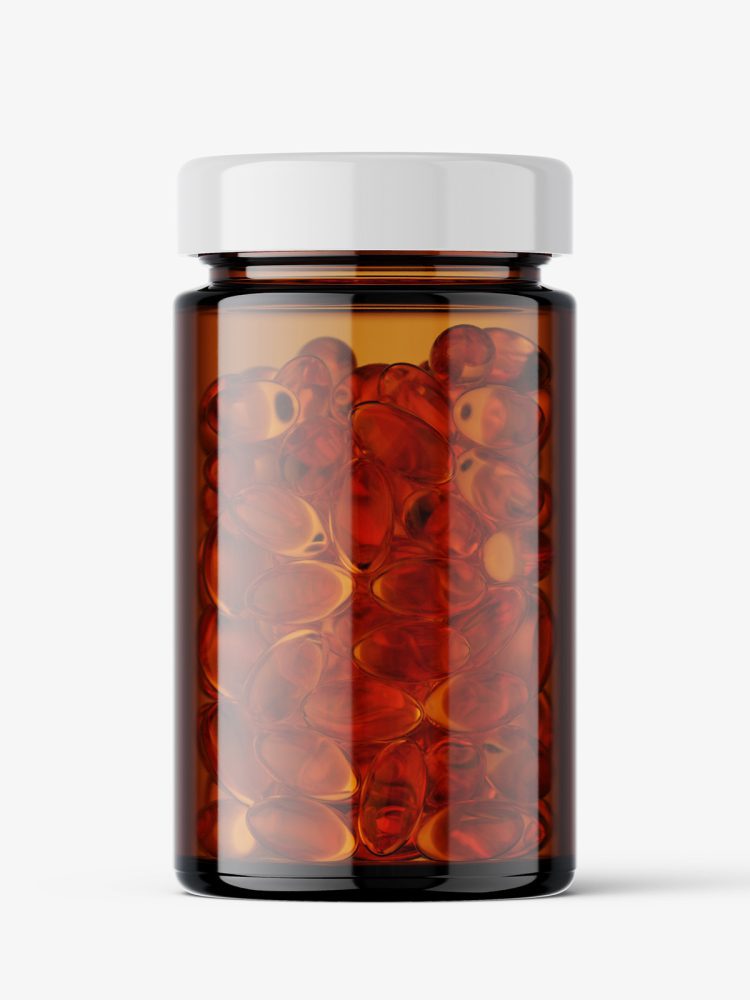 Amber glass jar with fish oil capsules mockup