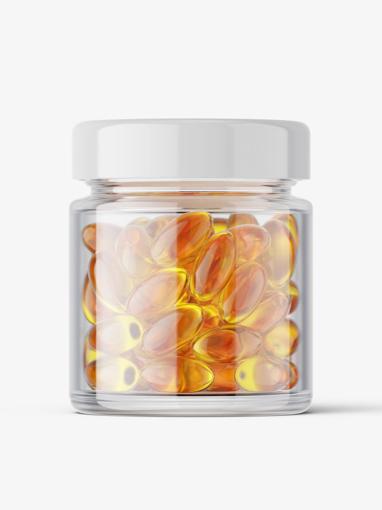 Glass jar with fish oil capsules mockup