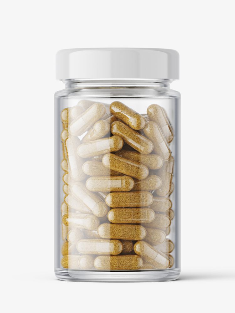 Glass jar with herbal capsules mockup
