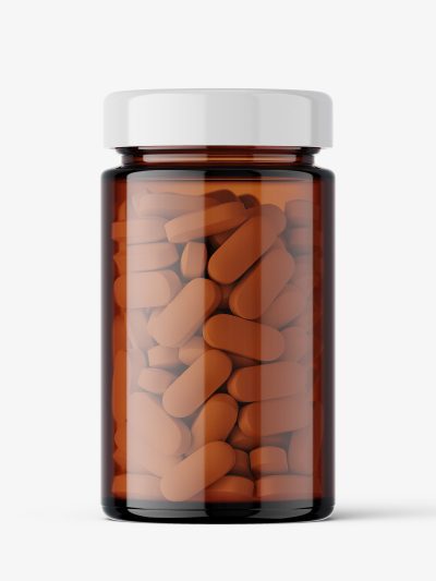 Amber glass jar with pills mockup