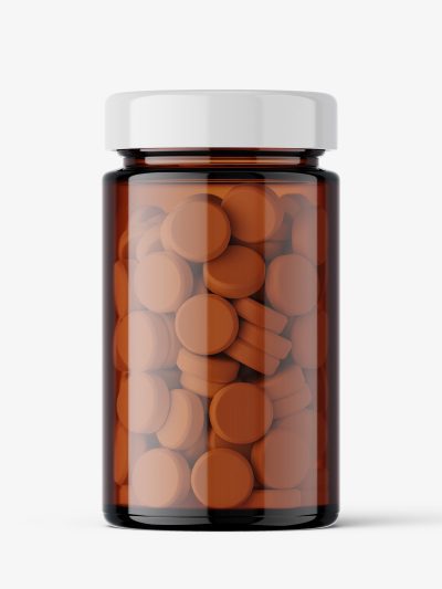 Amber glass jar with tablets mockup