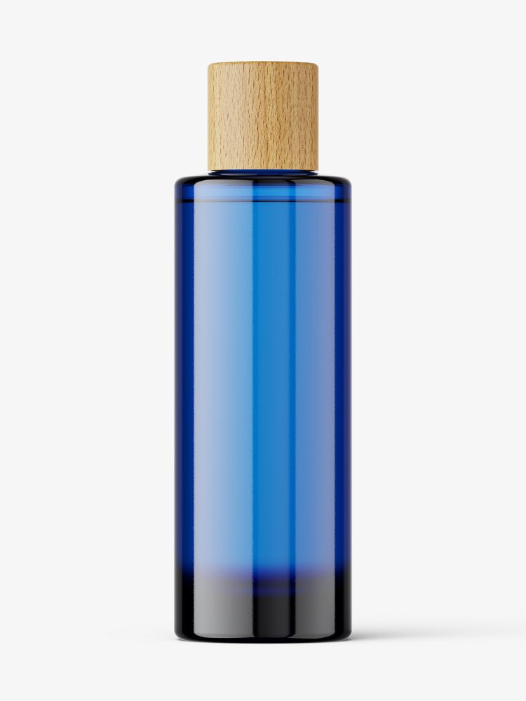 Blue cosmetic bottle with wooden cap