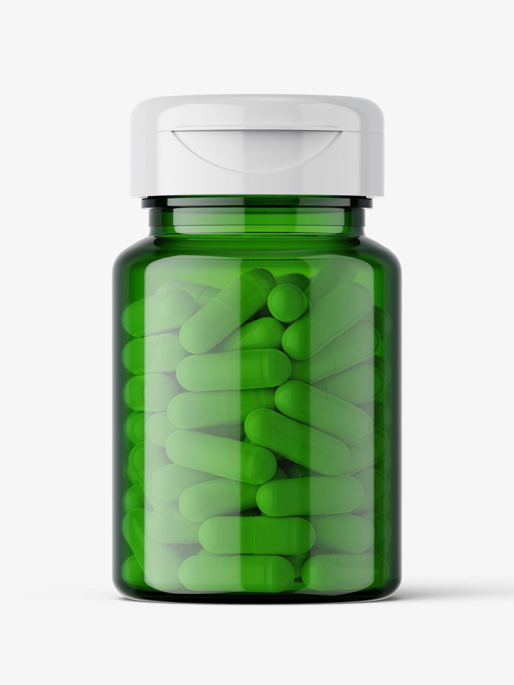 Green jar with capsules mockup