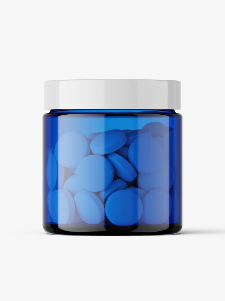 Round tablets blue jar mockup