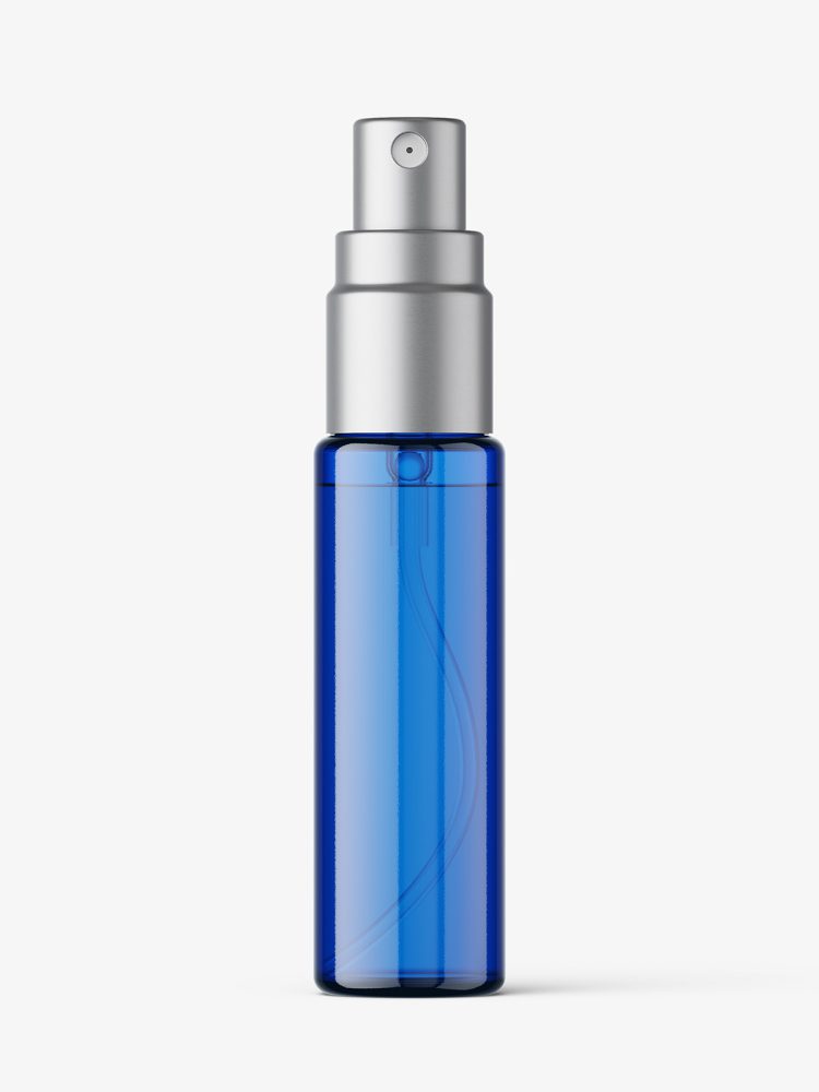 Blue spray bottle mockup with metallic cap