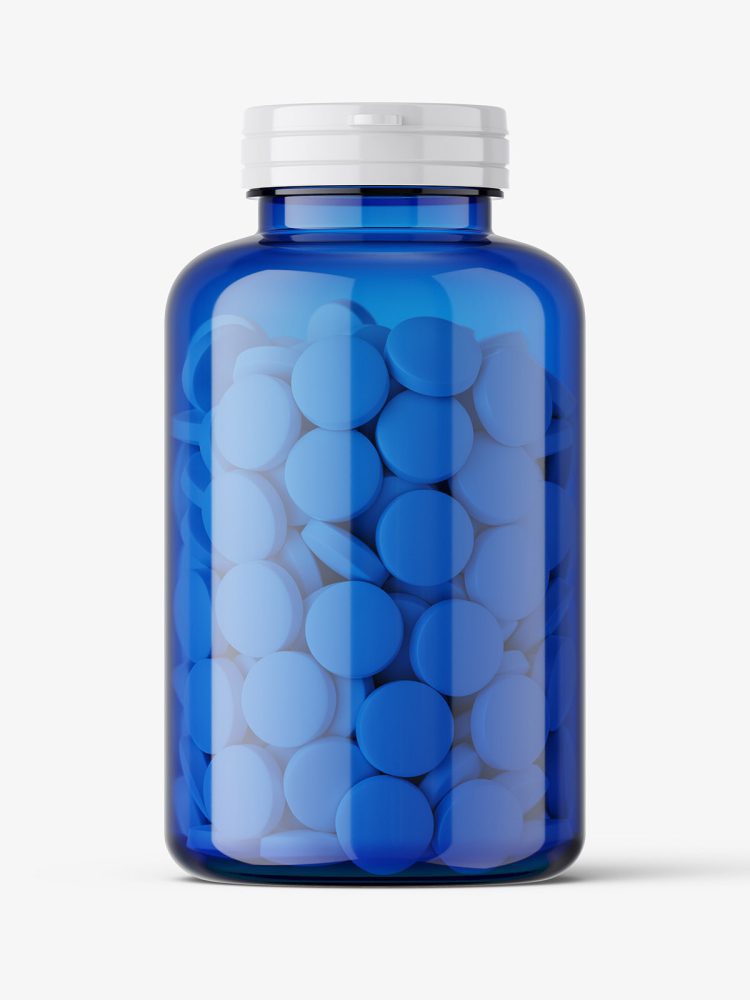 Round tablets in blue jar mockup