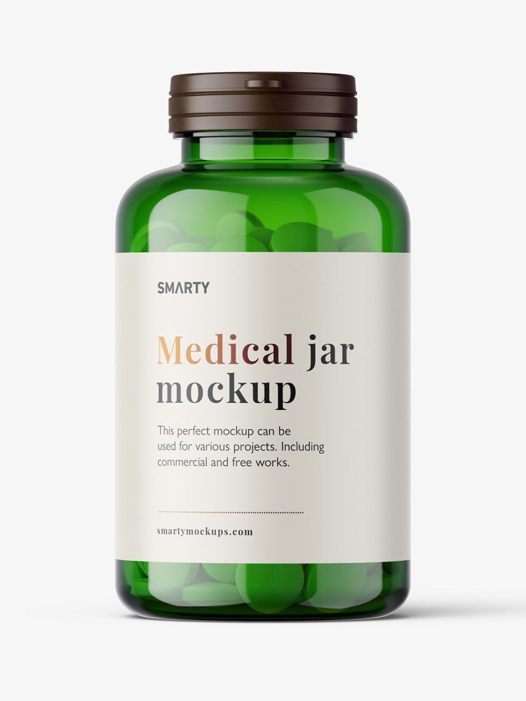 Round tablets in green jar mockup