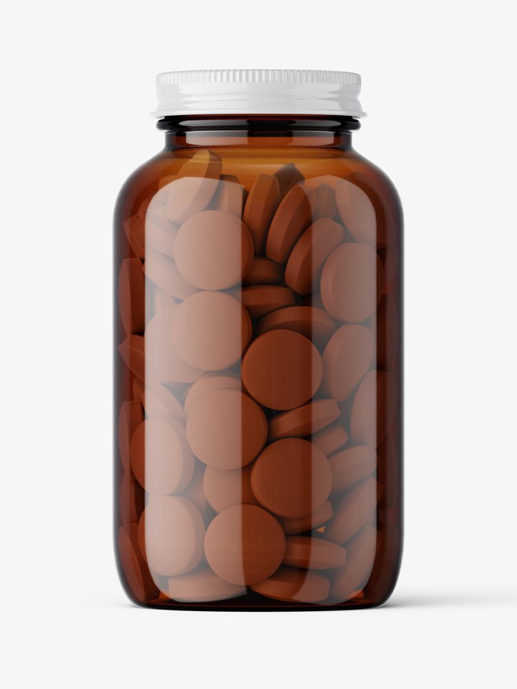 Amber jar with round tablets mockup