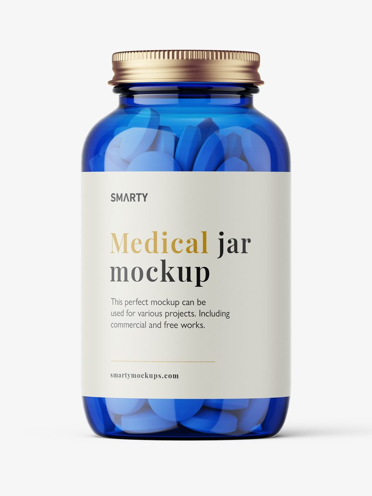 Blue jar with round tablets mockup