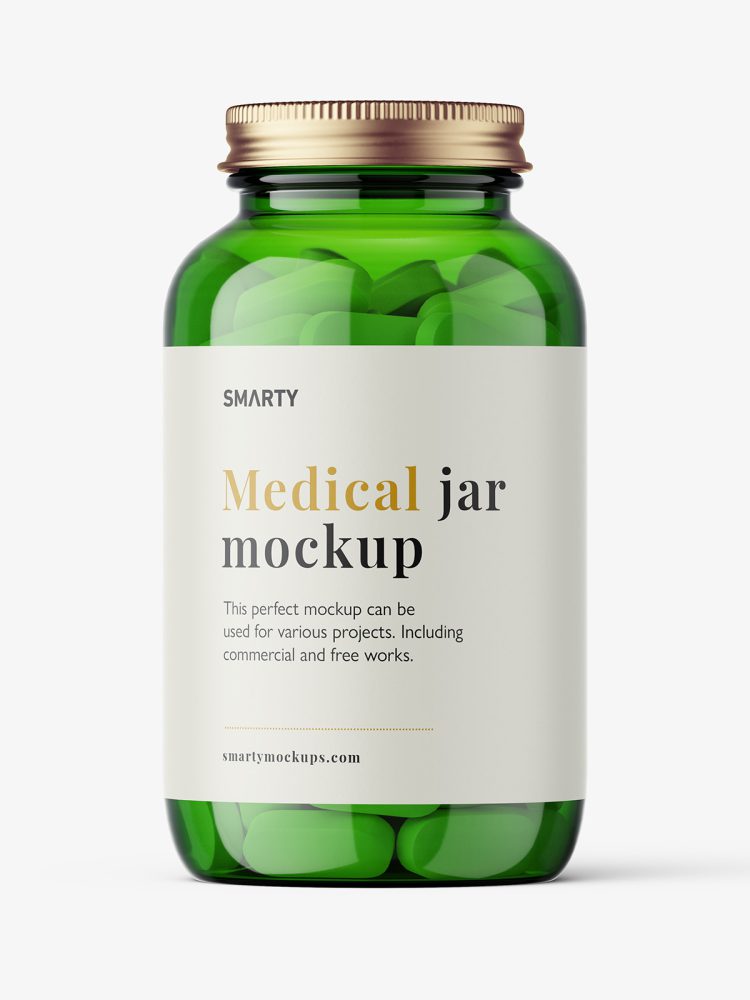 Green jar with pills mockup