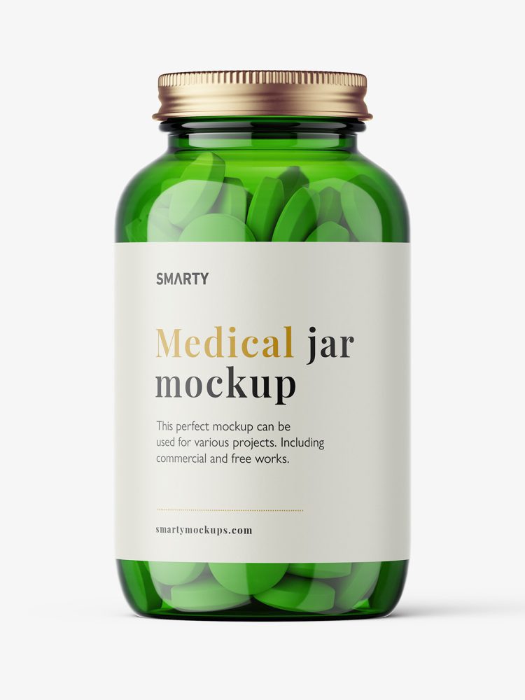 Green jar with round tablets mockup