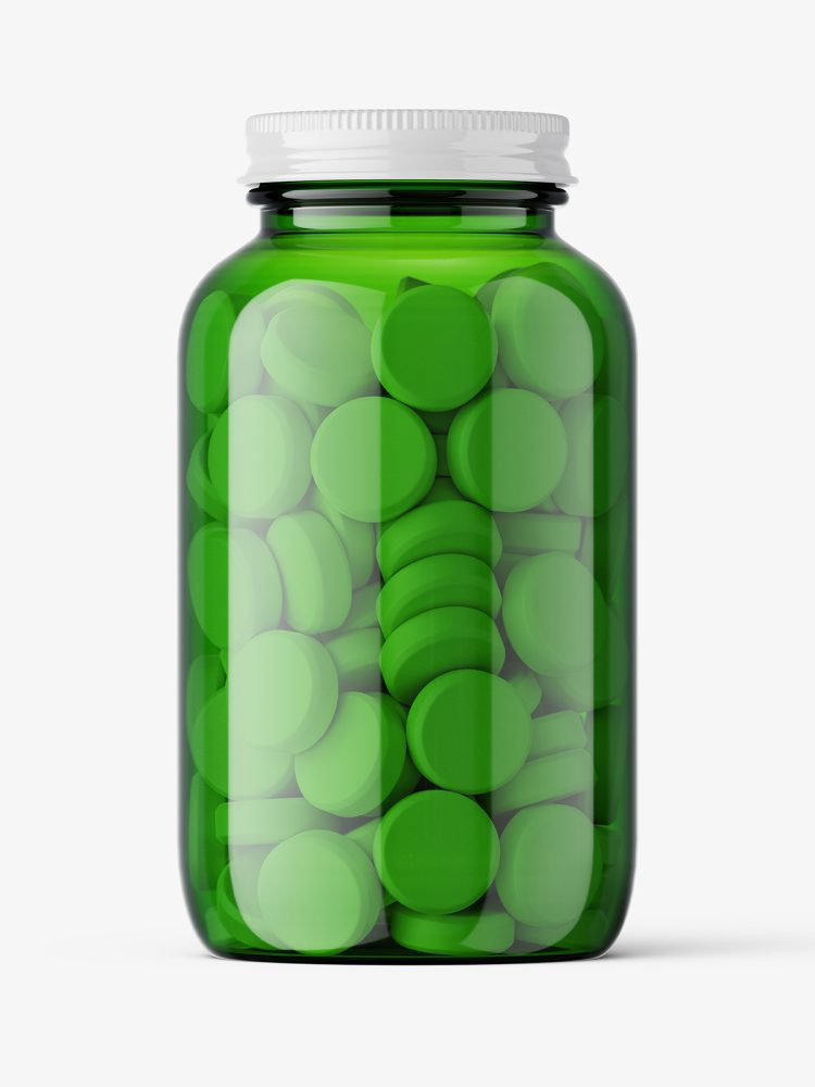 Green jar with tablets mockup