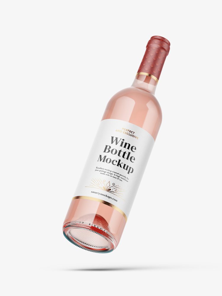 Flying pink wine bottle mockup