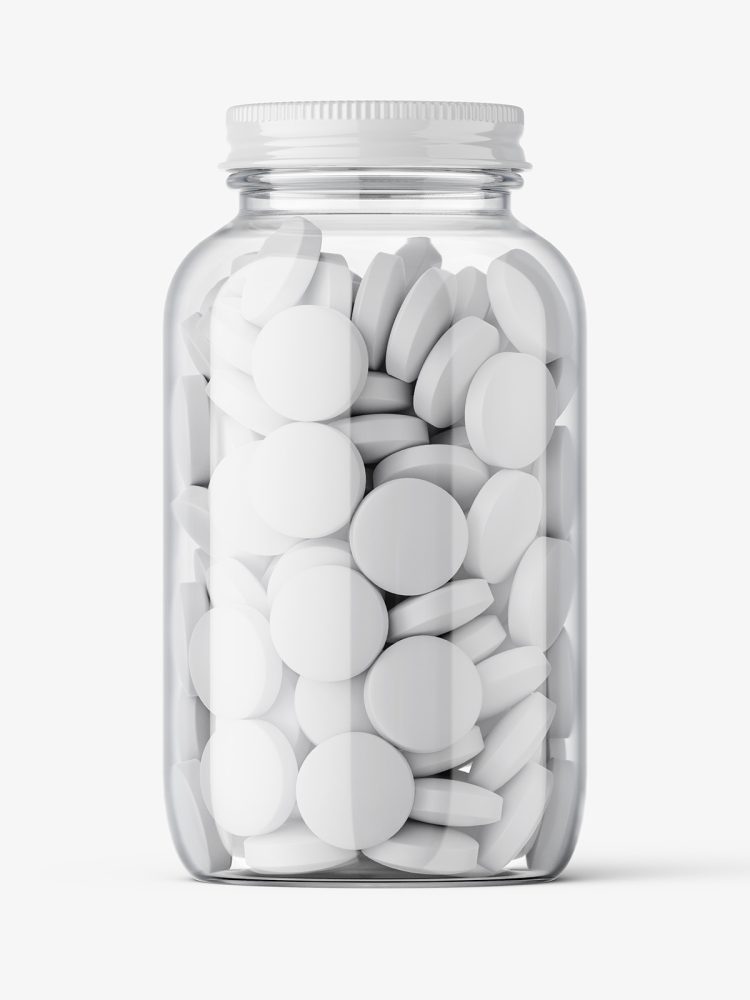 Clear jar with round tablets mockup