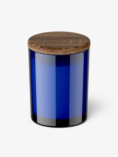 Blue candle with wooden lid mockup