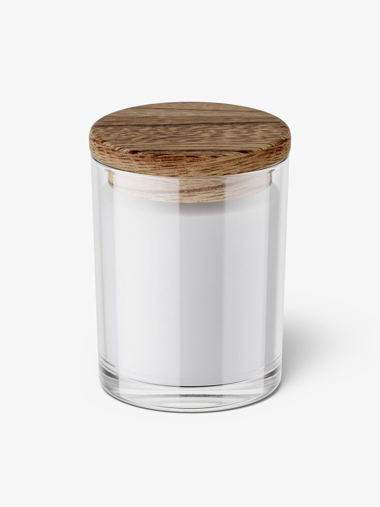 Clear candle with wooden lid mockup
