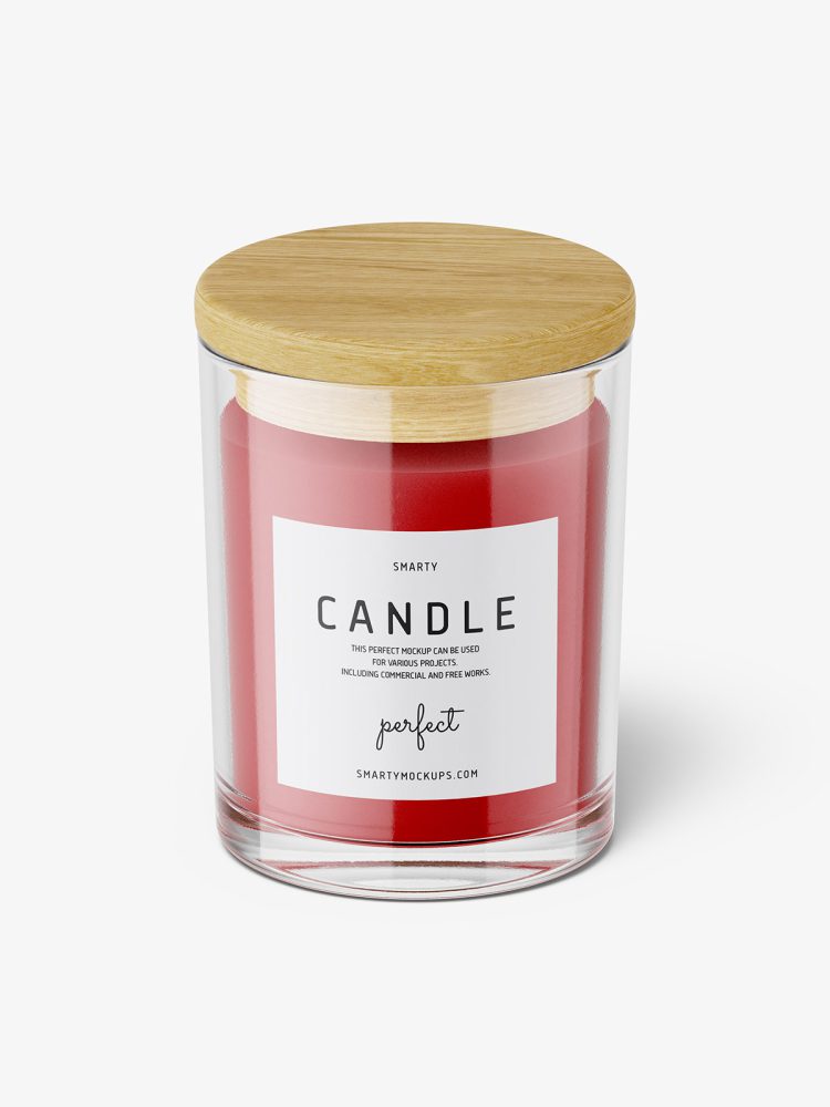 Clear candle with wooden lid mockup