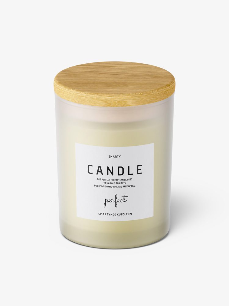 Frosted candle with wooden lid mockup