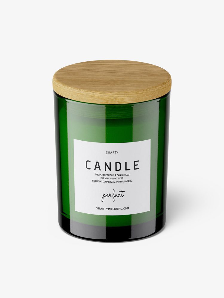 Green candle with wooden lid mockup
